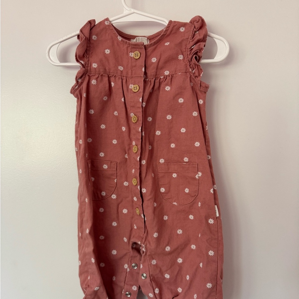 Petit Lem 6M Pink Floral Organic Linen/Cotton Romper with Ruffled Sleeves